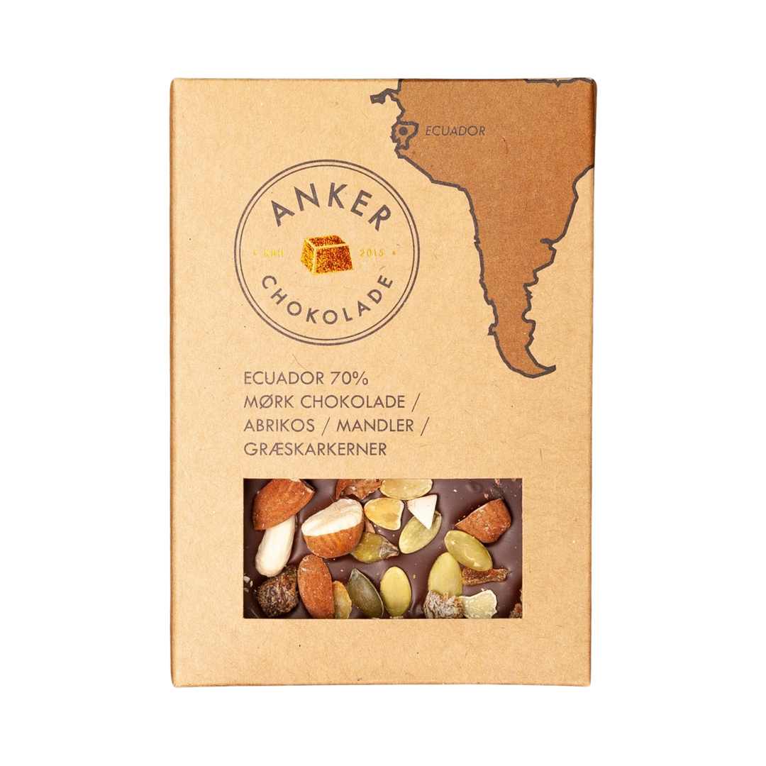 Anker Chokolade Mørk Chokolade med Abrikos Mandler og Græskarkerner fra Ecuador