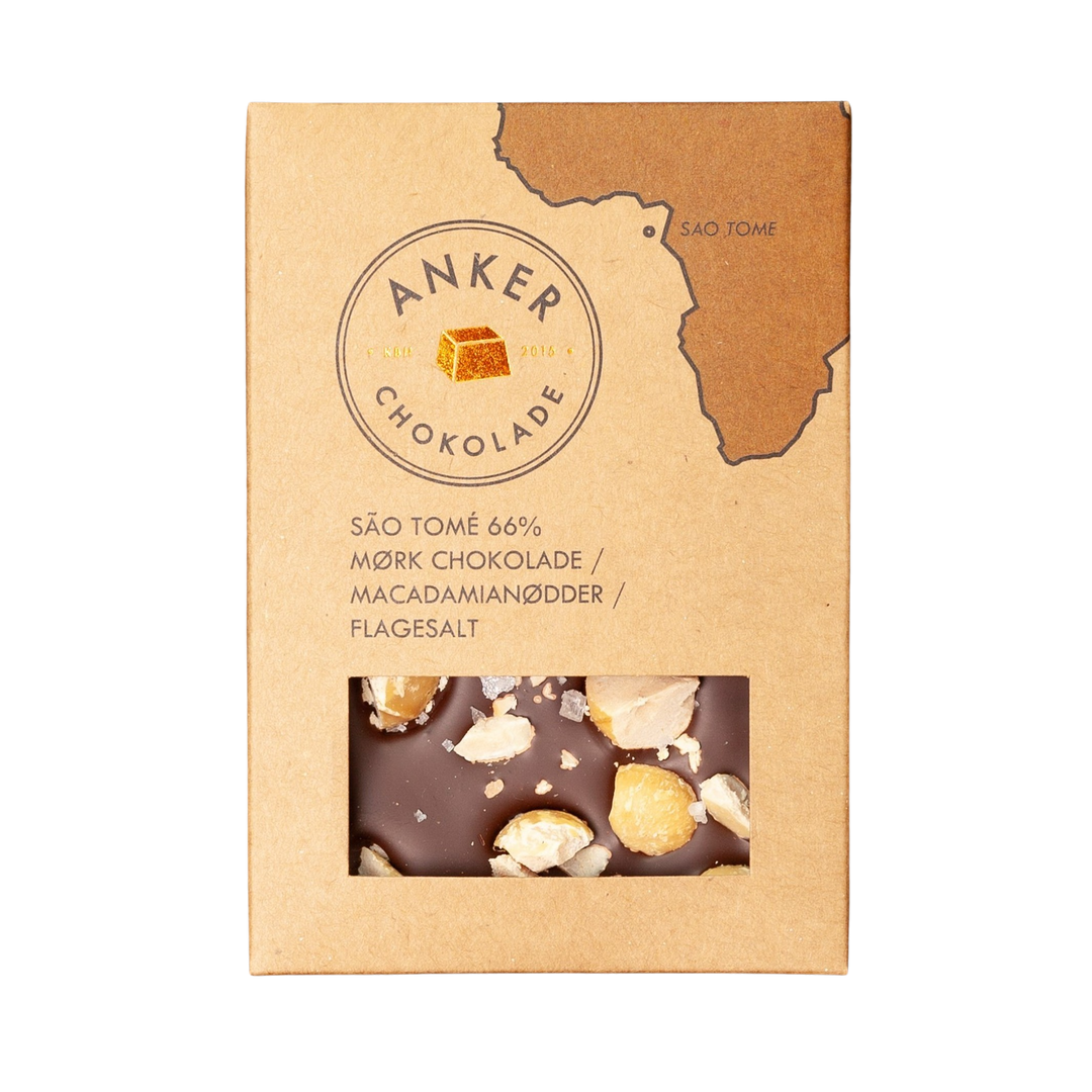 Anker Chokolade Mørk Chokolade fra São Tomé med Macadamia Nødder og Flagesalt